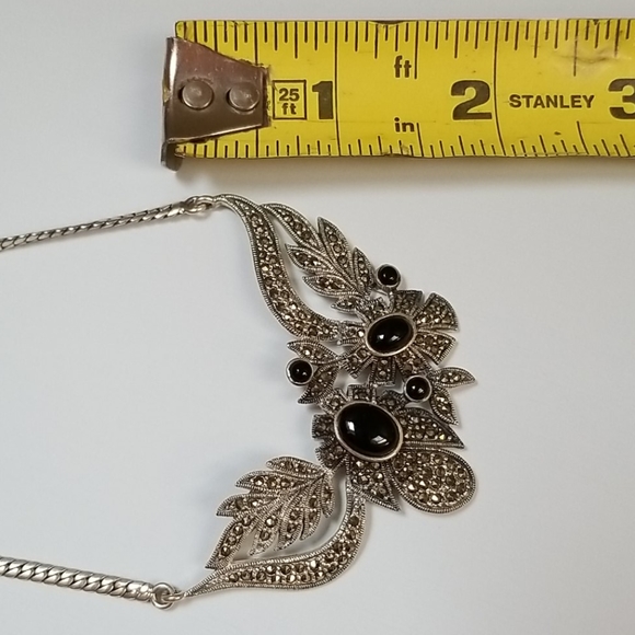 Vintage Art Deco 1920s Sterling Silver Onyx and Marcasite Statement Necklace - Picture 10 of 16